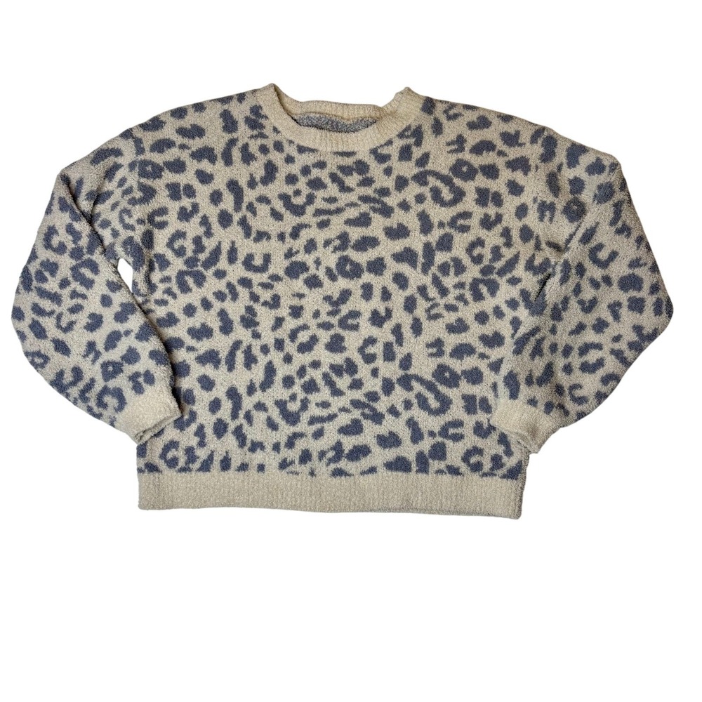 ComfyLuxe Sweater Womens S/M Blue Beige Leopard Print Plush Fuzzy Pullover Soft